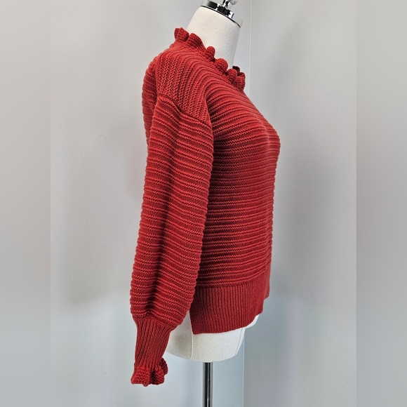 Madewell Womens Cotton Merino Wool Sweater Xsmall Ruffle Neck Red Textured - Picture 3 of 12